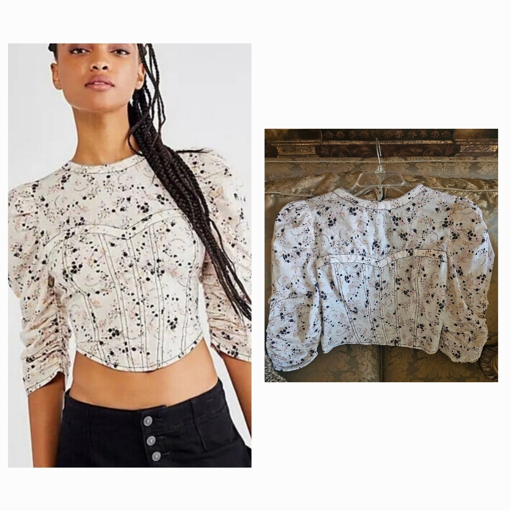NWOT Free People Monica Top Floral Printed Puff Sleeve Smocked Corset